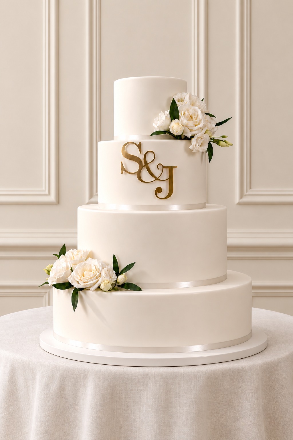 A real Nelly's Cakes traditional wedding cake, design Traditional 001, on the atelier's studio backdrop