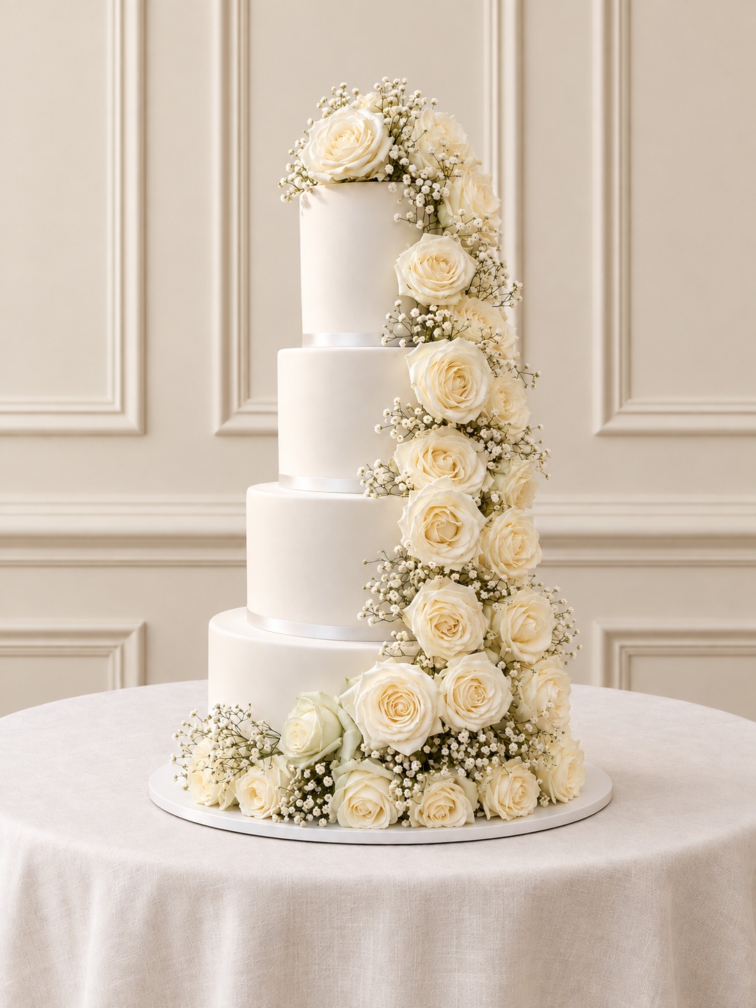 Traditional 003: a four-tier ivory wedding cake with a spiralling cascade of hand-made roses, on the atelier's studio backdrop