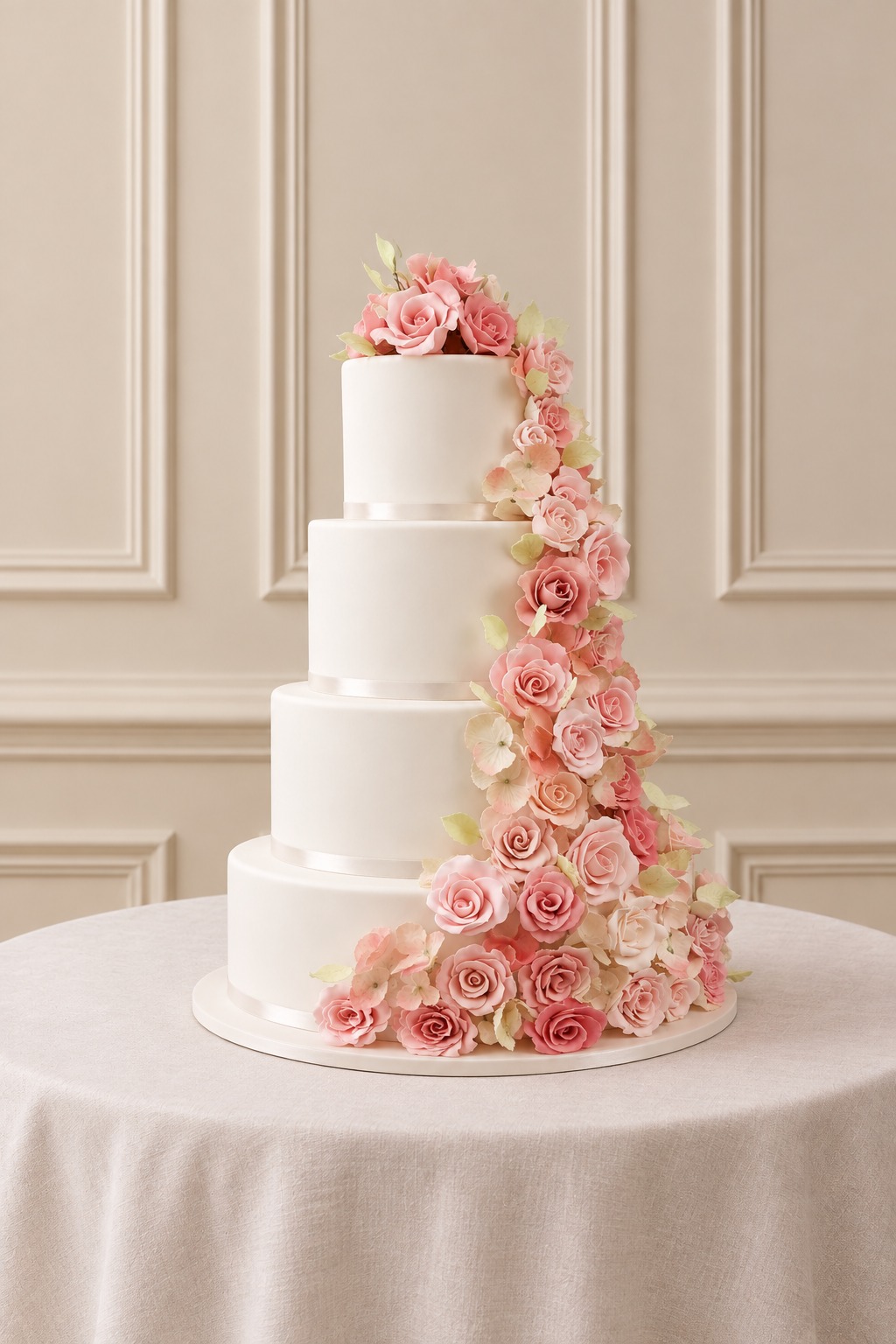 A real Nelly's Cakes traditional wedding cake, design Traditional 004, on the atelier's studio backdrop