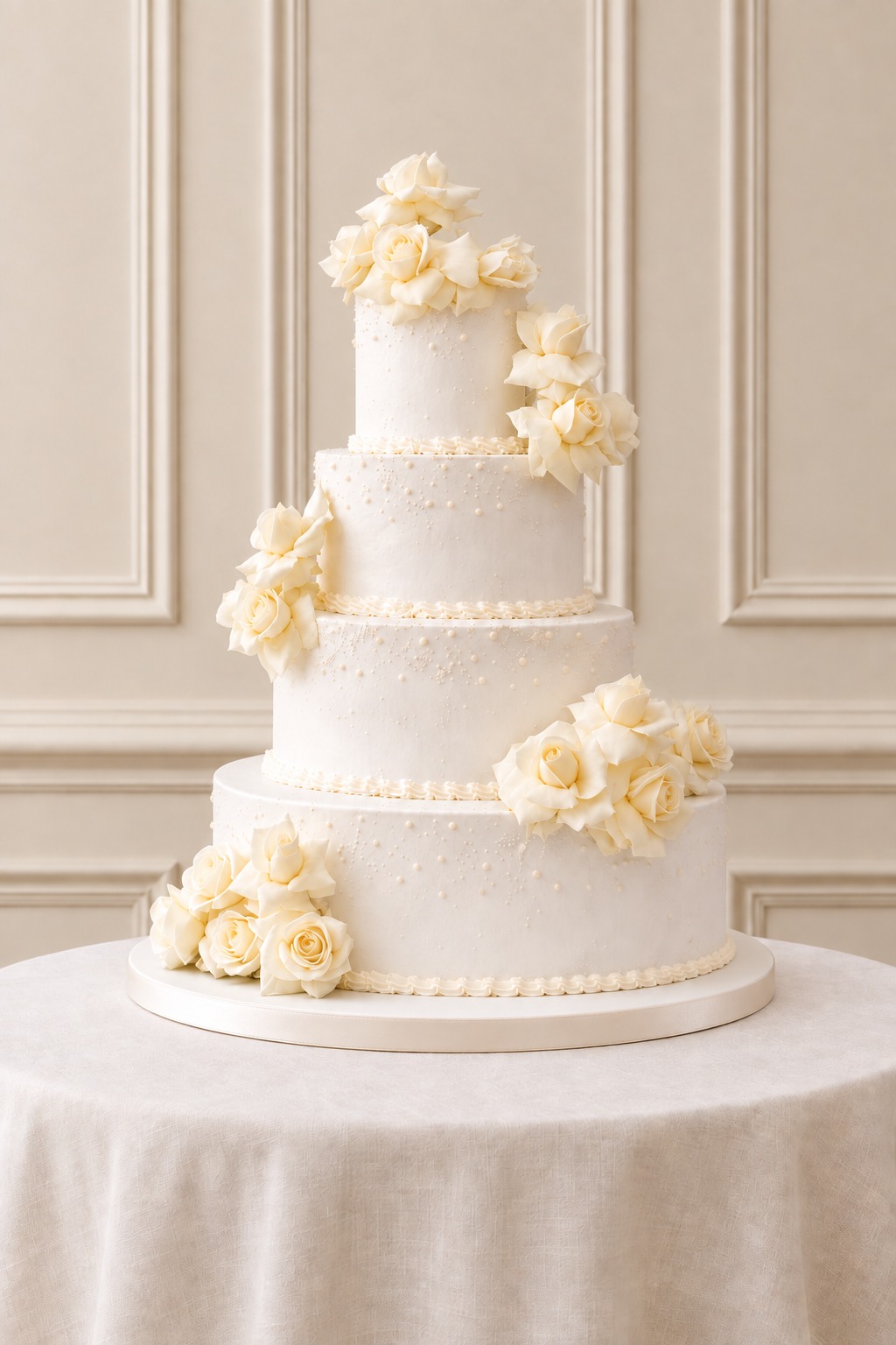 A real Nelly's Cakes traditional wedding cake, design Traditional 005, on the atelier's studio backdrop