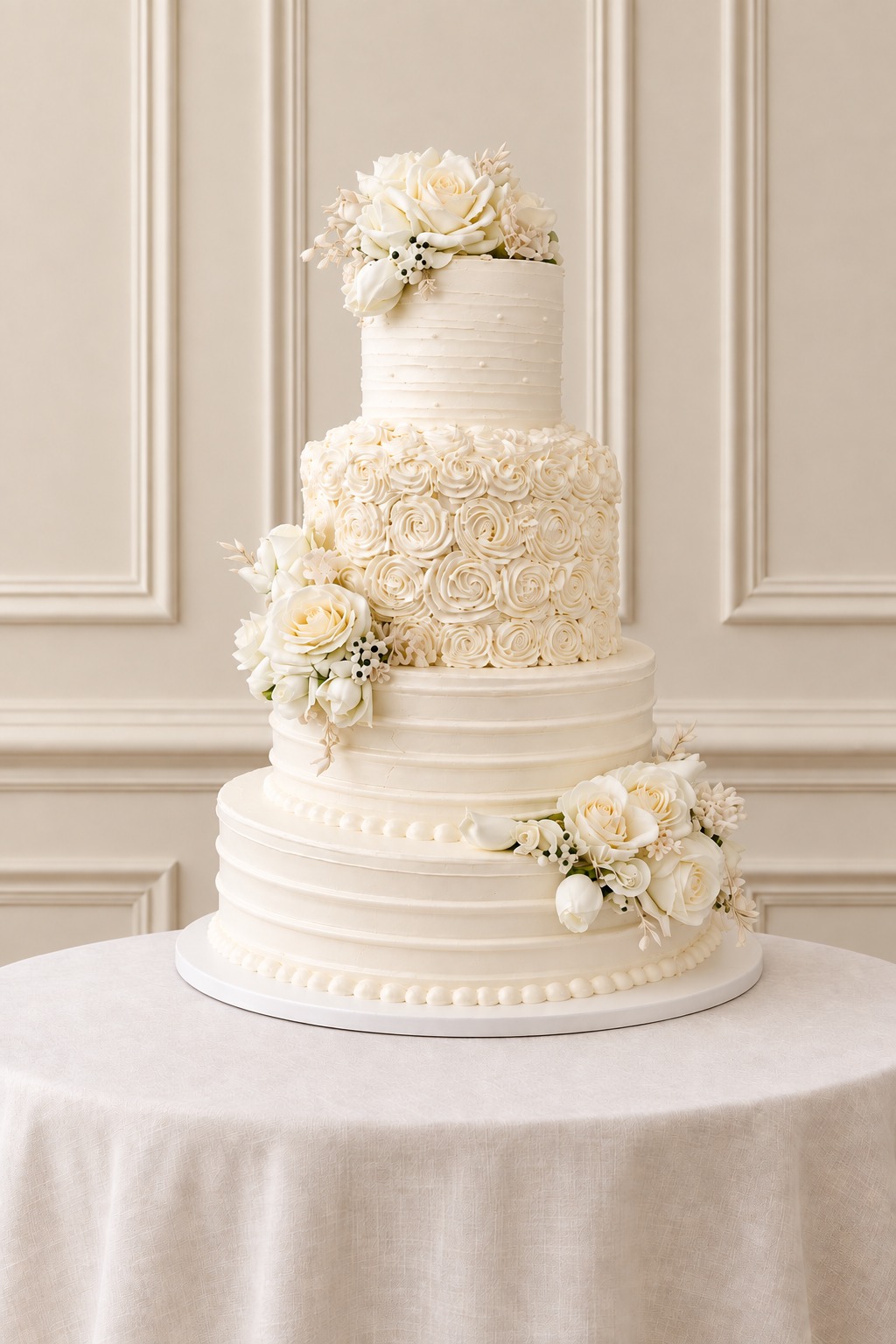 A real Nelly's Cakes traditional wedding cake, design Traditional 006, on the atelier's studio backdrop