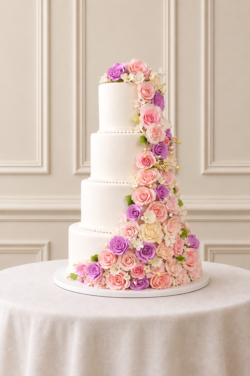 A real Nelly's Cakes traditional wedding cake, design Traditional 007, on the atelier's studio backdrop