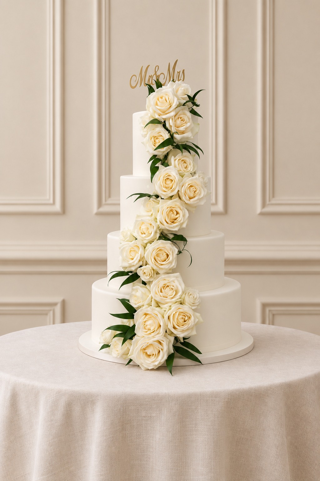 A real Nelly's Cakes traditional wedding cake, design Traditional 008, on the atelier's studio backdrop
