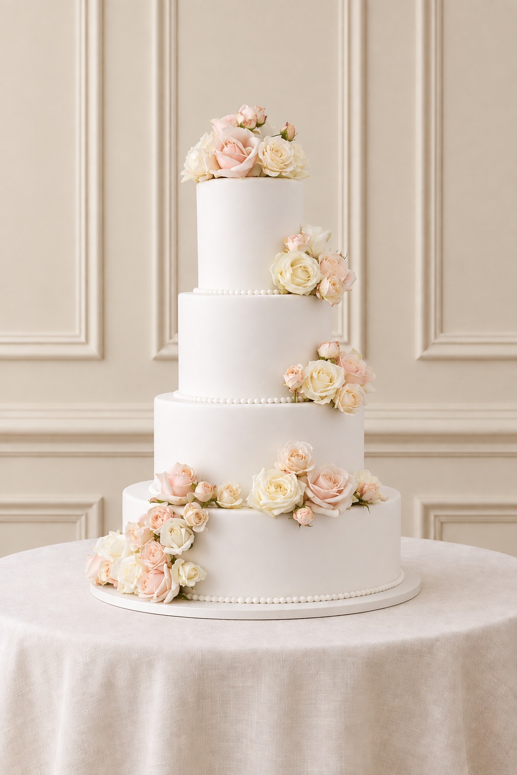 A real Nelly's Cakes traditional wedding cake, design Traditional 009, on the atelier's studio backdrop