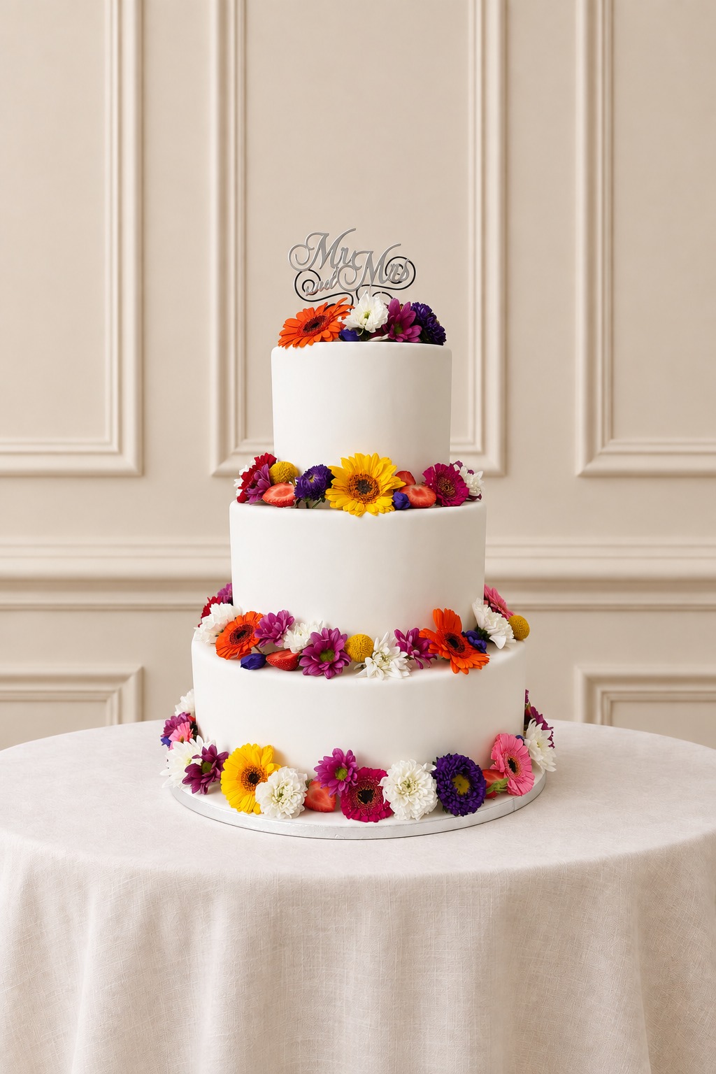 A real Nelly's Cakes traditional wedding cake, design Traditional 010, on the atelier's studio backdrop