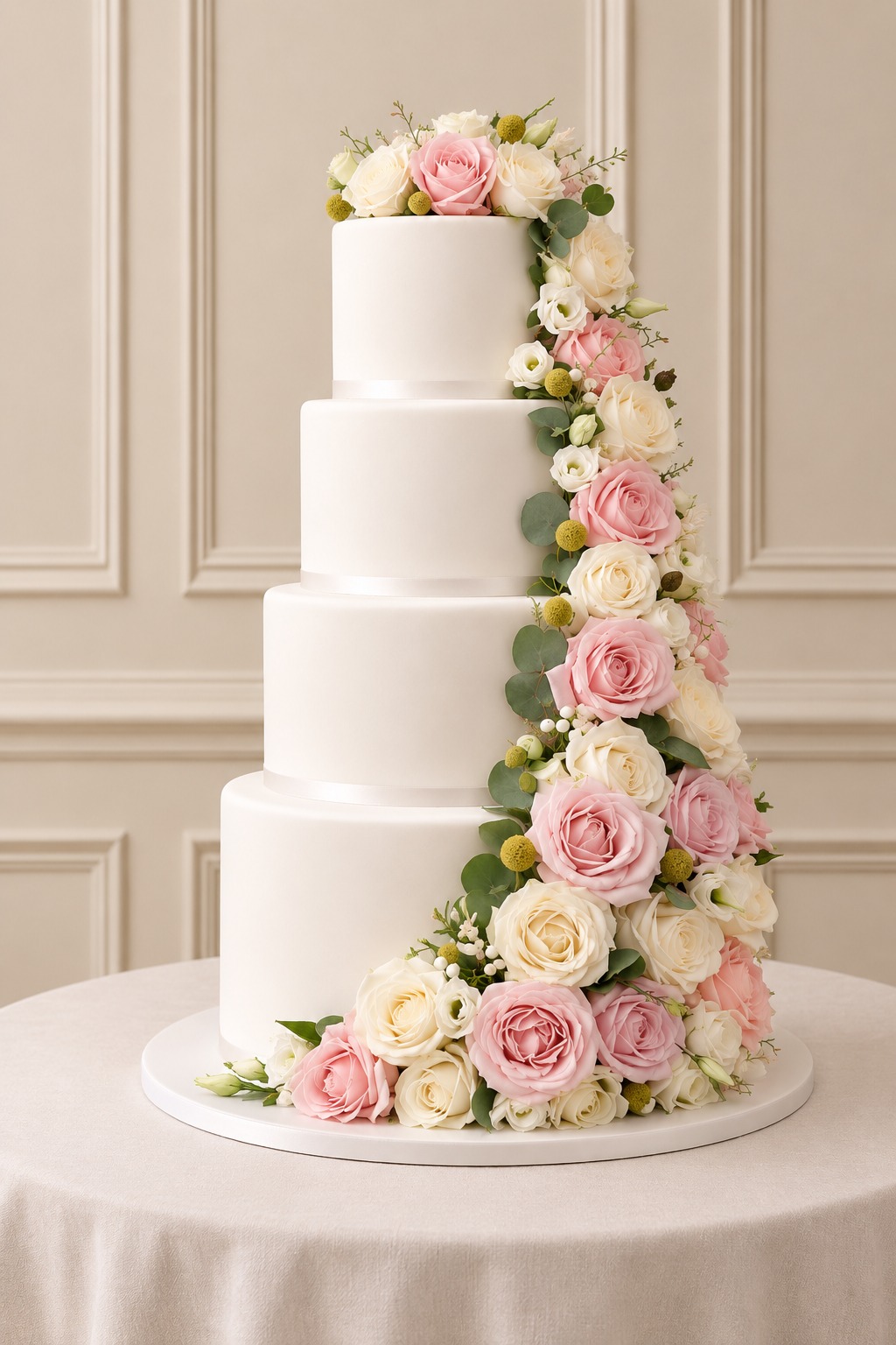 A real Nelly's Cakes traditional wedding cake, design Traditional 011, on the atelier's studio backdrop