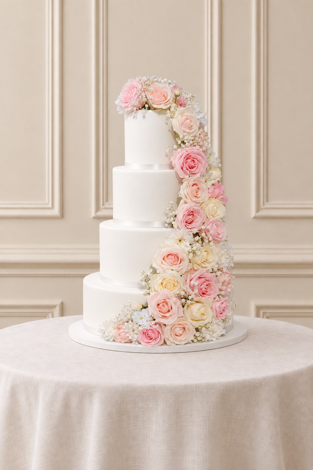 A real Nelly's Cakes traditional wedding cake, design Traditional 012, on the atelier's studio backdrop