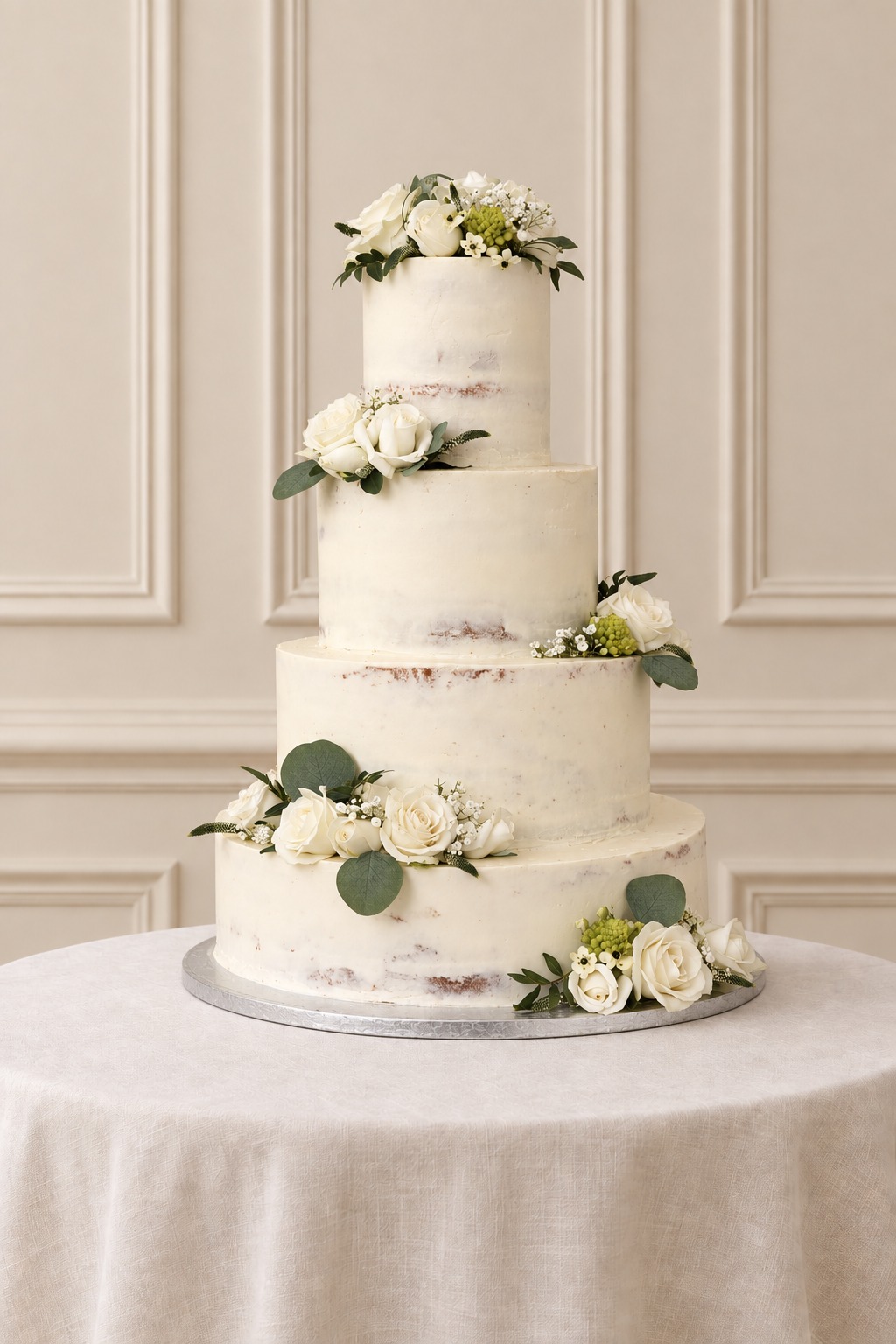 A real Nelly's Cakes traditional wedding cake, design Traditional 013, on the atelier's studio backdrop