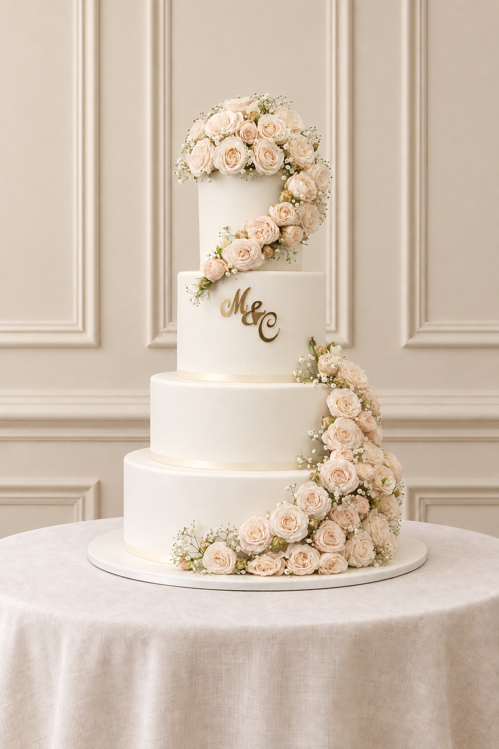 A real Nelly's Cakes traditional wedding cake, design Traditional 014, on the atelier's studio backdrop