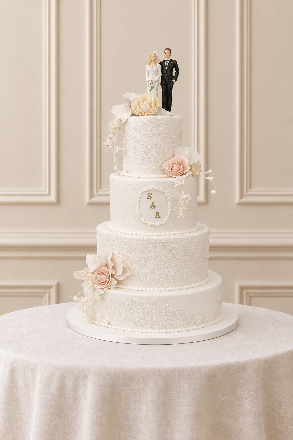 A real Nelly's Cakes traditional wedding cake, design Traditional 015, on the atelier's studio backdrop