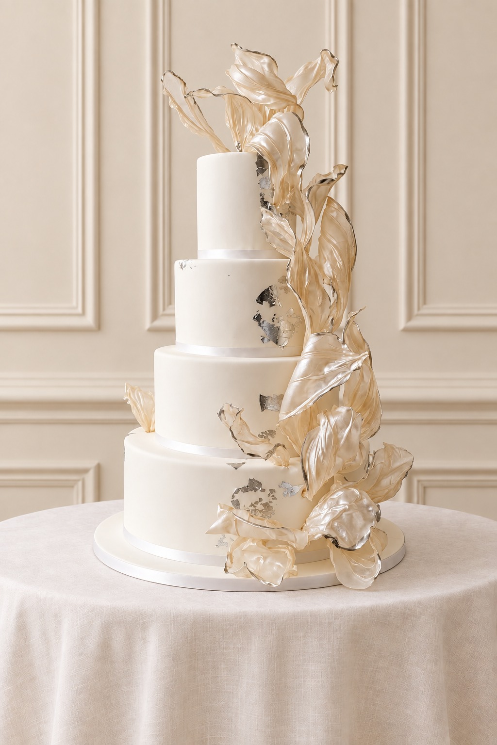 A real Nelly's Cakes traditional wedding cake, design Traditional 016, on the atelier's studio backdrop