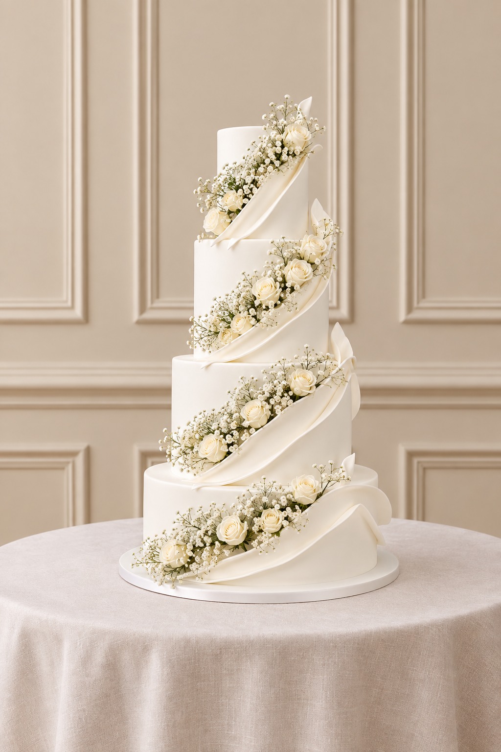 A real Nelly's Cakes traditional wedding cake, design Traditional 017, on the atelier's studio backdrop