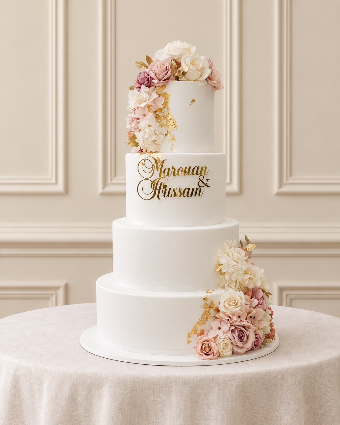 A real Nelly's Cakes traditional wedding cake, design Traditional 018, on the atelier's studio backdrop