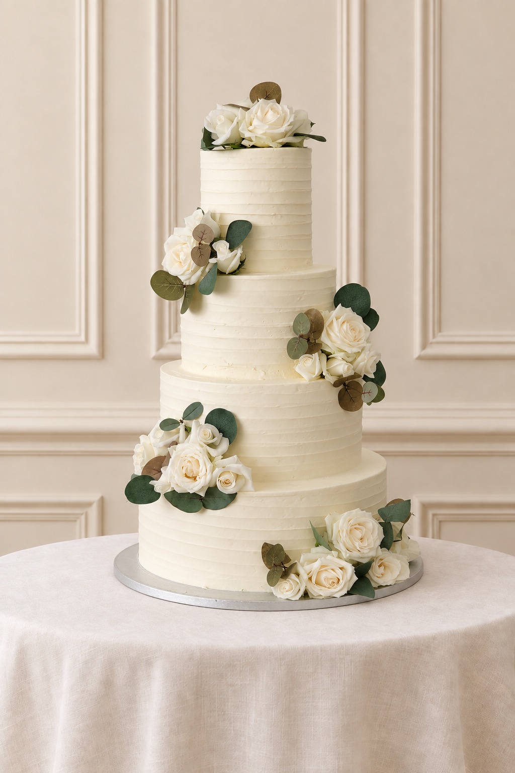 A real Nelly's Cakes traditional wedding cake, design Traditional 019, on the atelier's studio backdrop