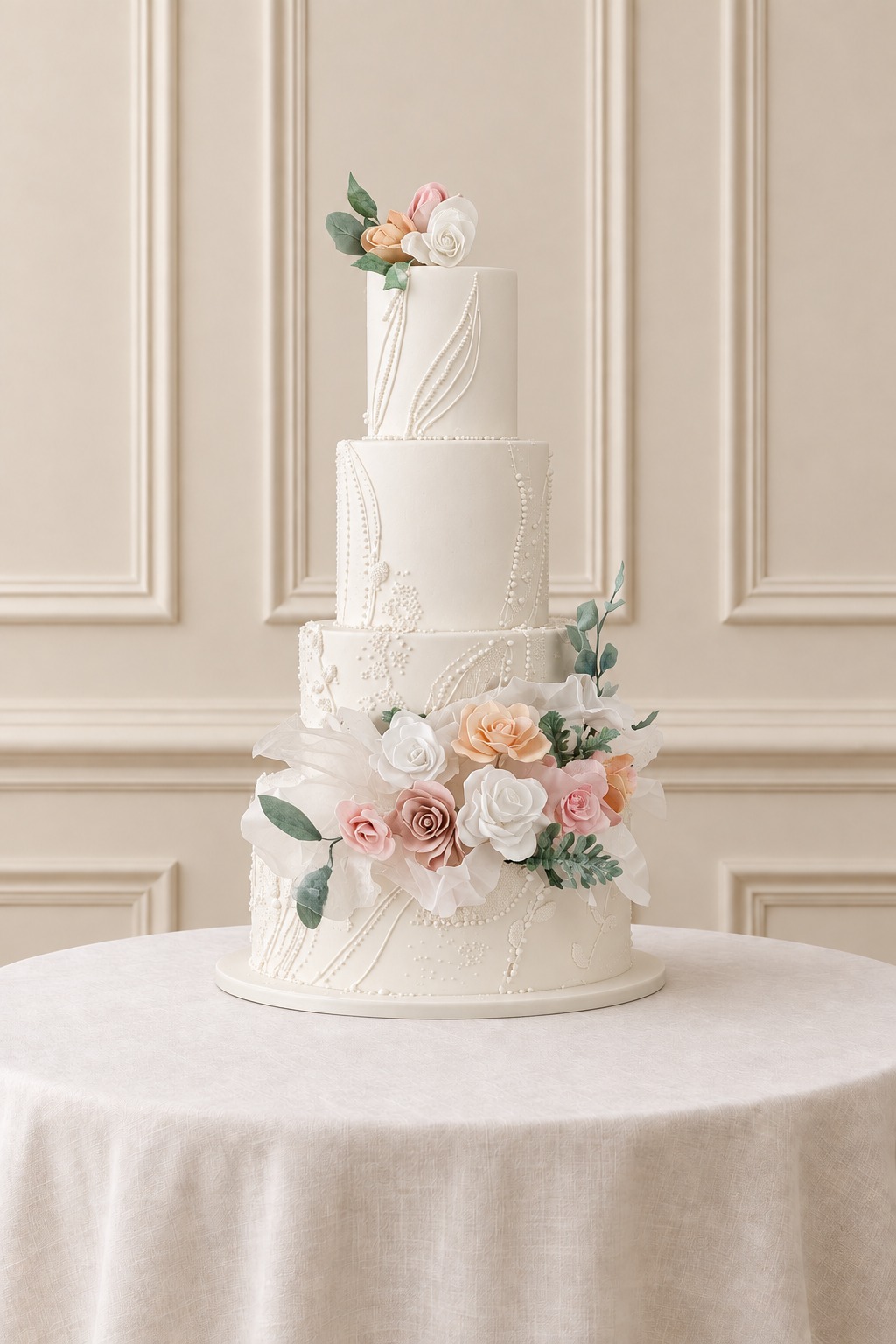 A real Nelly's Cakes traditional wedding cake, design Traditional 020, on the atelier's studio backdrop