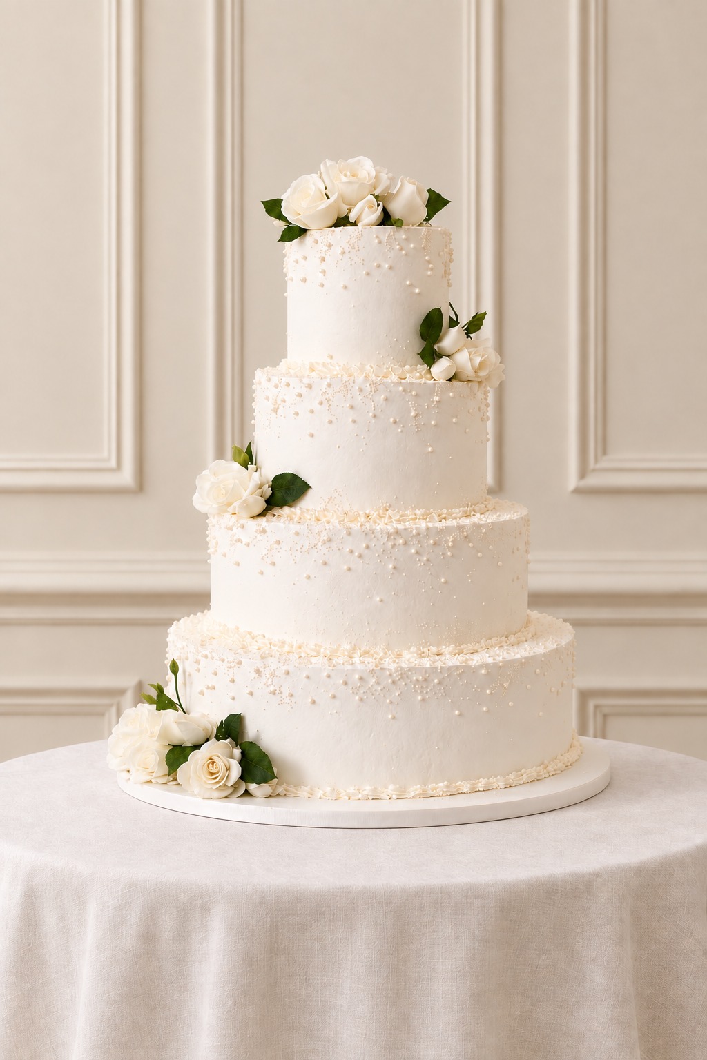 A real Nelly's Cakes traditional wedding cake, design Traditional 022, on the atelier's studio backdrop