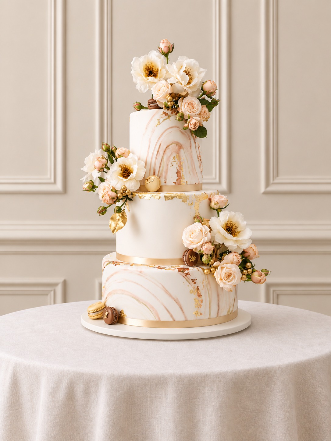 A real Nelly's Cakes traditional wedding cake, design Traditional 023, on the atelier's studio backdrop
