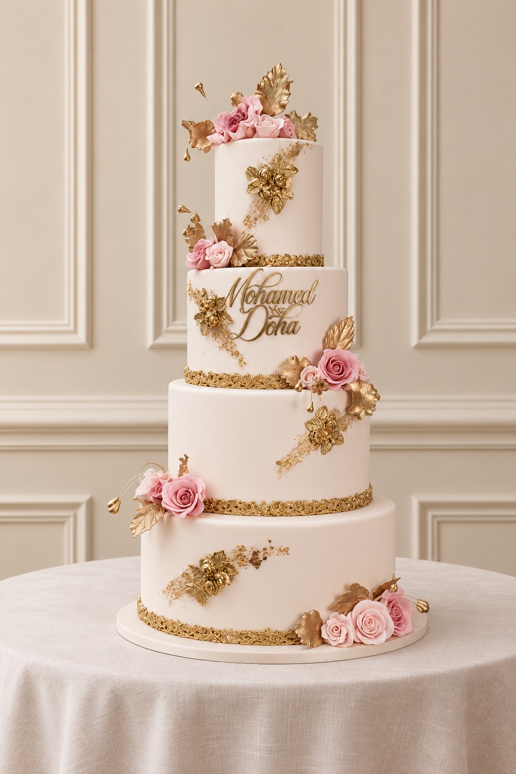 A real Nelly's Cakes traditional wedding cake, design Traditional 024, on the atelier's studio backdrop