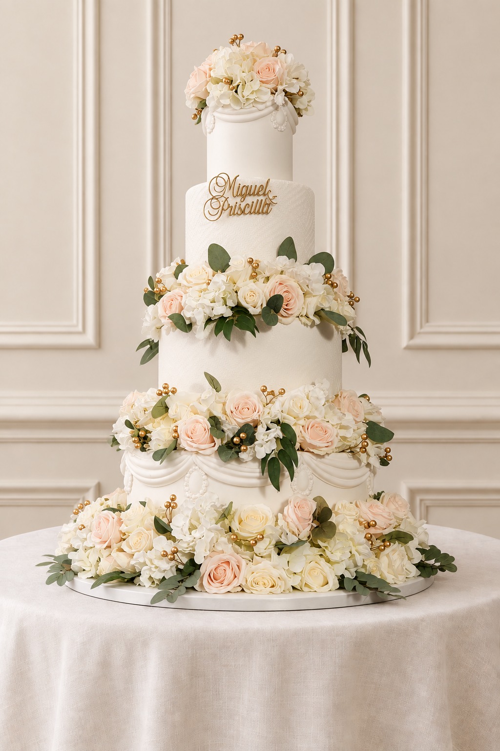 A real Nelly's Cakes traditional wedding cake, design Traditional 025, on the atelier's studio backdrop