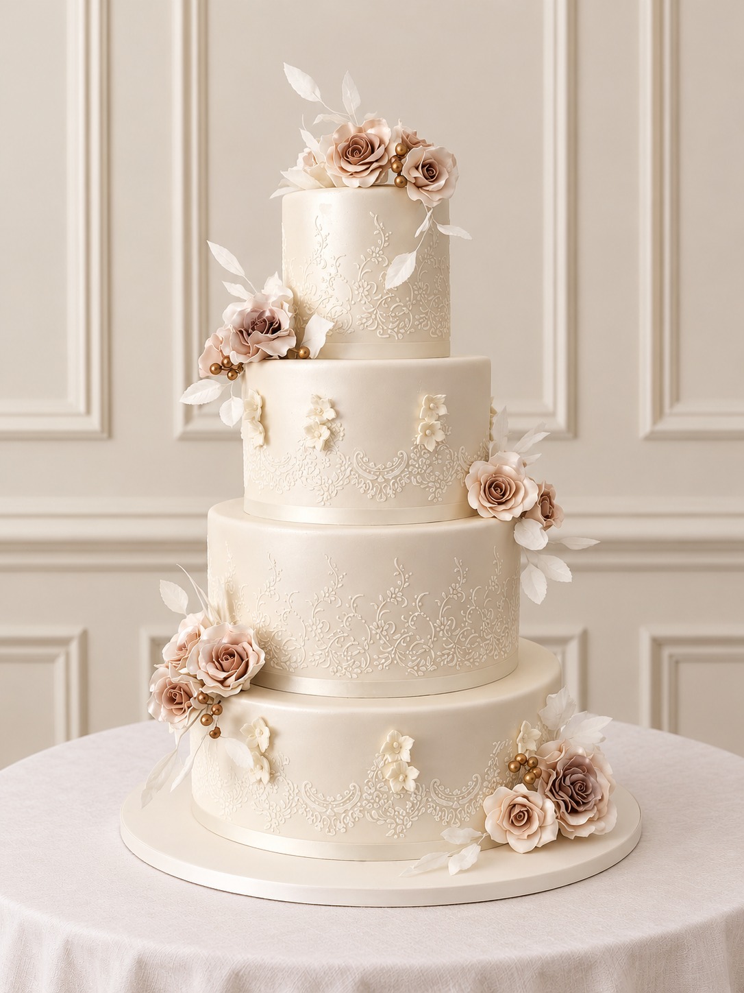 A real Nelly's Cakes traditional wedding cake, design Traditional 026, on the atelier's studio backdrop
