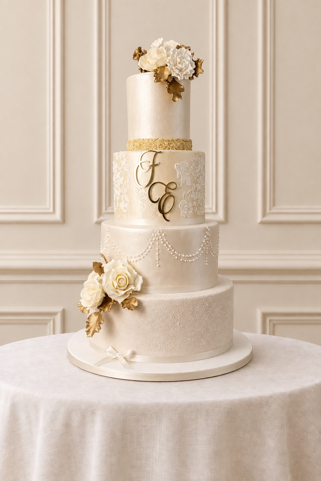 A real Nelly's Cakes traditional wedding cake, design Traditional 027, on the atelier's studio backdrop