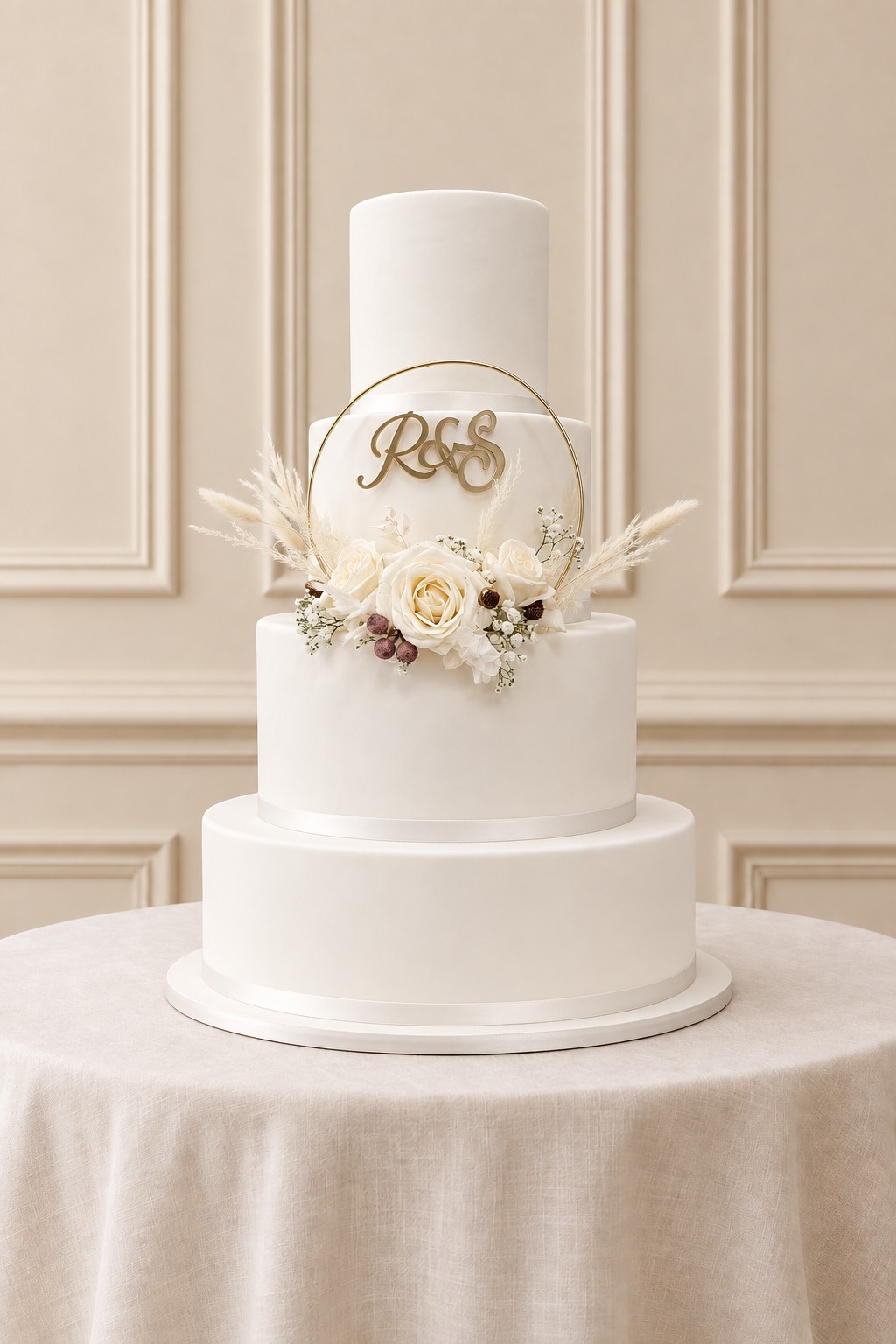 A real Nelly's Cakes traditional wedding cake, design Traditional 029, on the atelier's studio backdrop