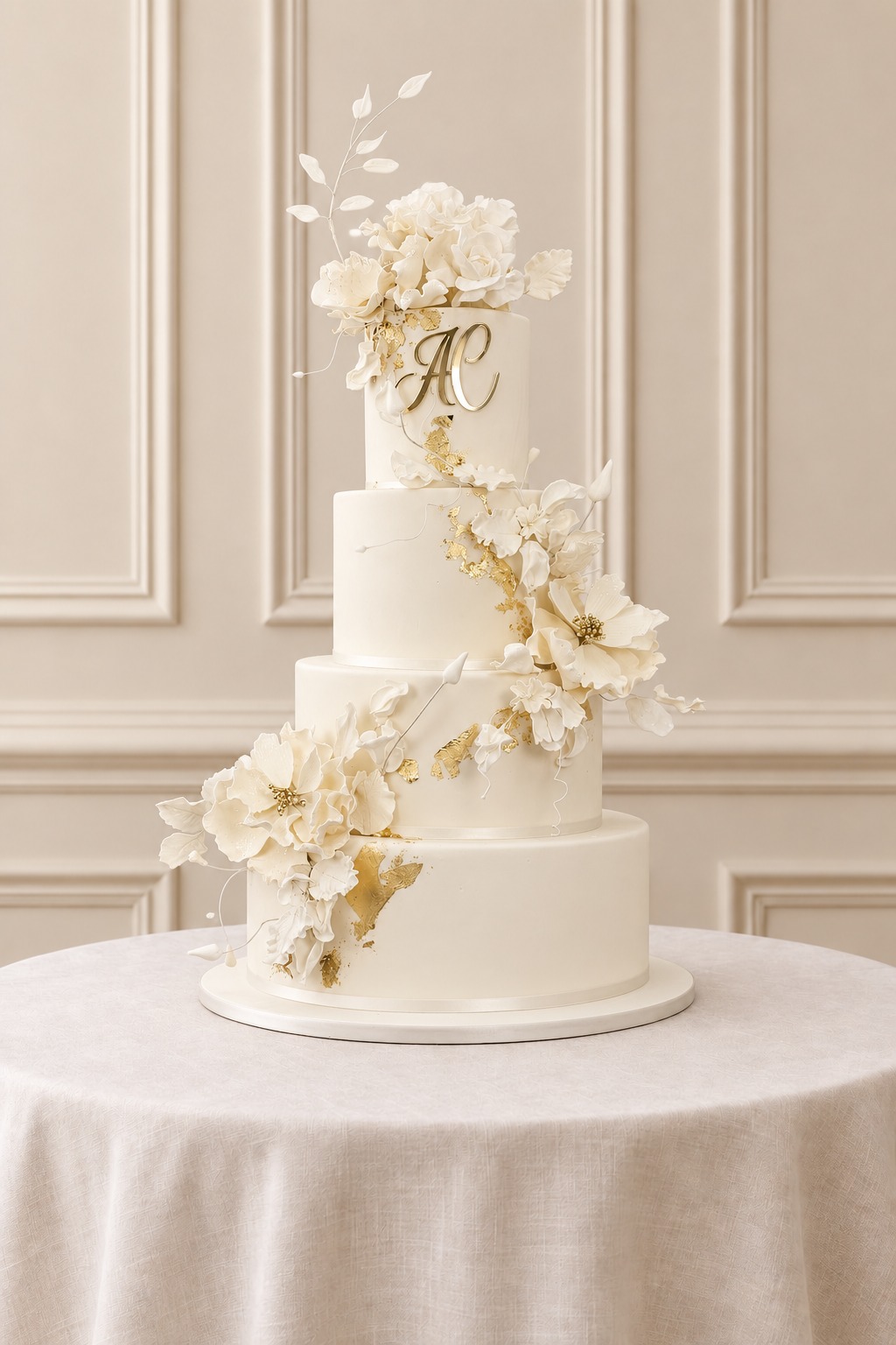 A real Nelly's Cakes traditional wedding cake, design Traditional 030, on the atelier's studio backdrop