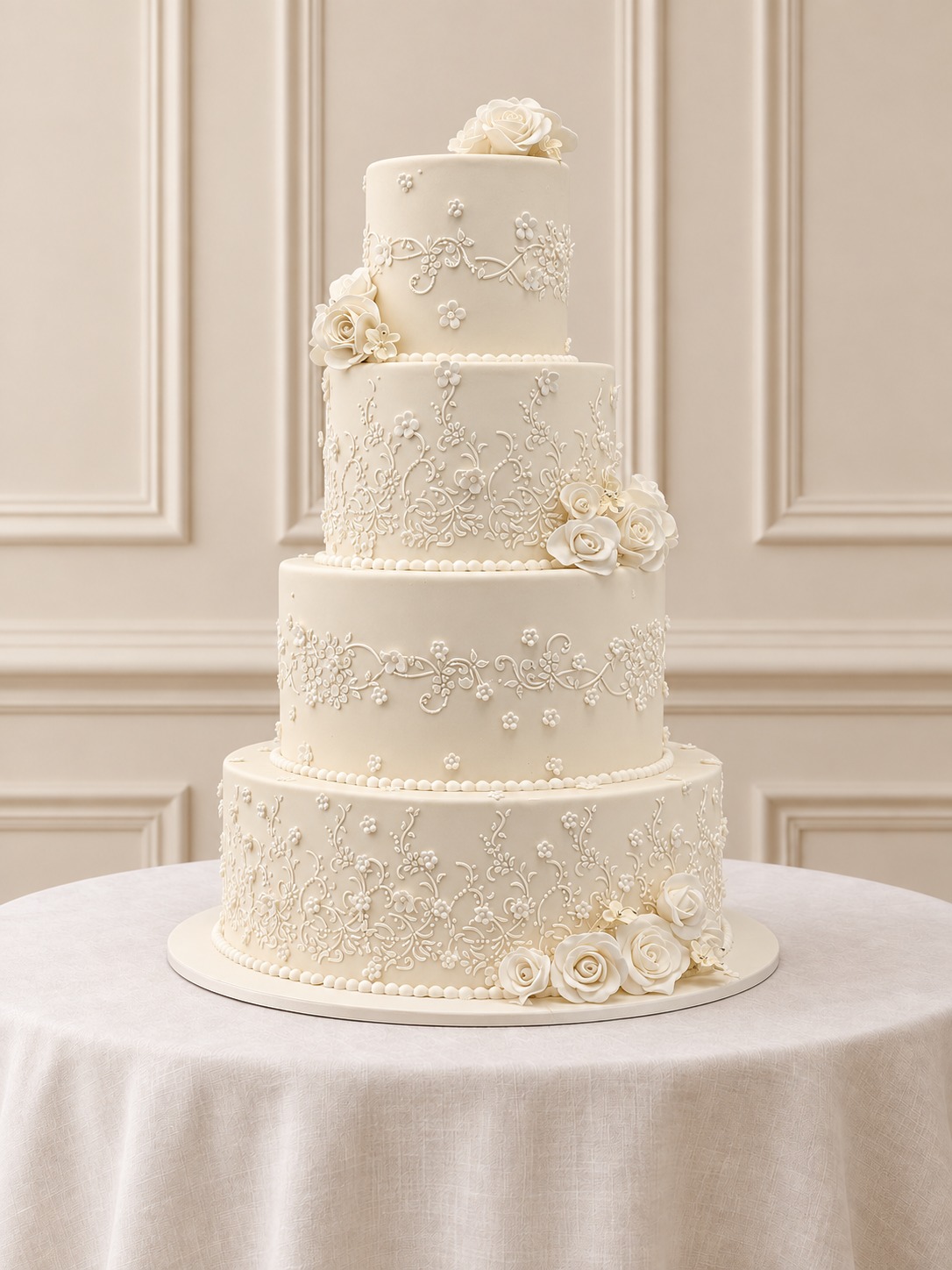 A real Nelly's Cakes traditional wedding cake, design Traditional 031, on the atelier's studio backdrop