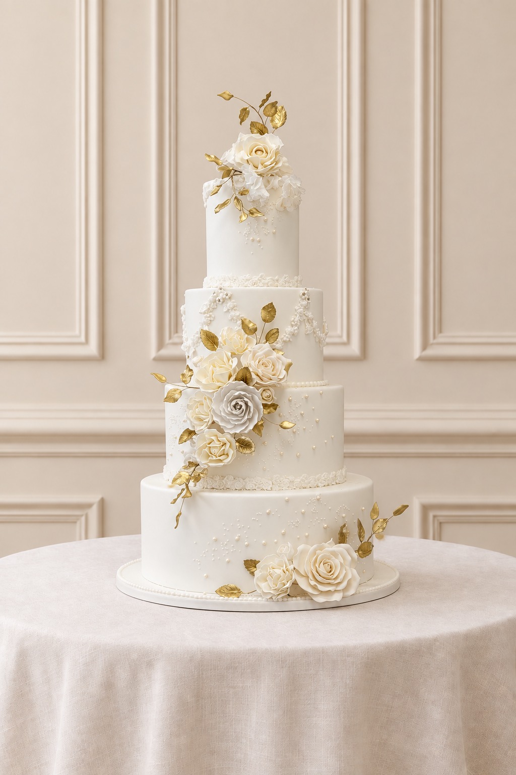 A real Nelly's Cakes traditional wedding cake, design Traditional 033, on the atelier's studio backdrop