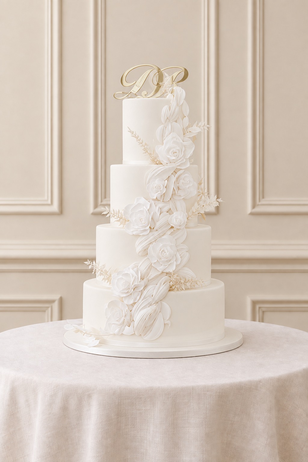 A real Nelly's Cakes traditional wedding cake, design Traditional 034, on the atelier's studio backdrop
