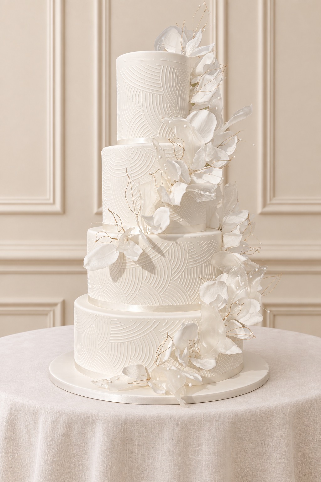 A real Nelly's Cakes traditional wedding cake, design Traditional 035, on the atelier's studio backdrop