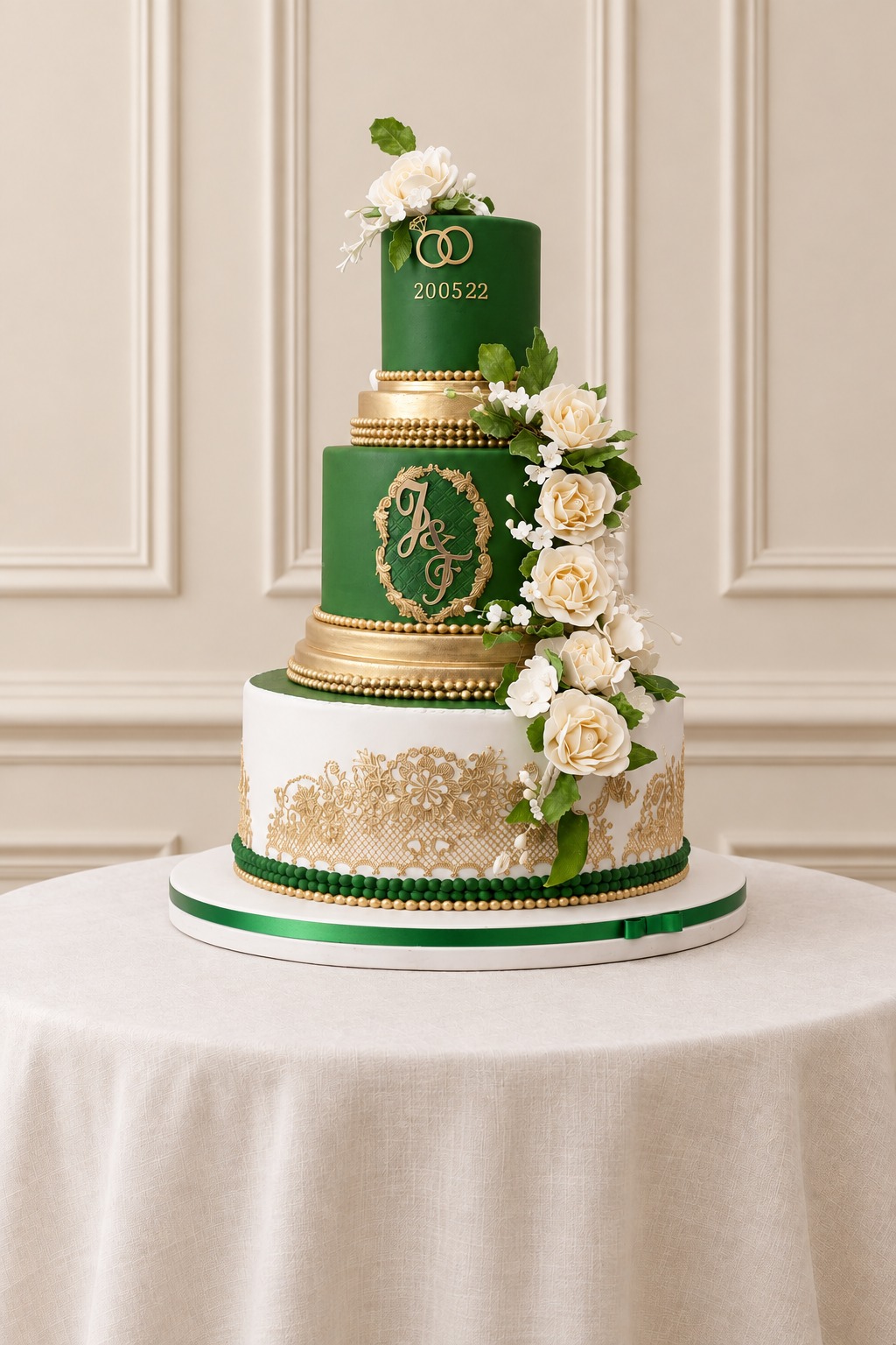A real Nelly's Cakes traditional wedding cake, design Traditional 036, on the atelier's studio backdrop