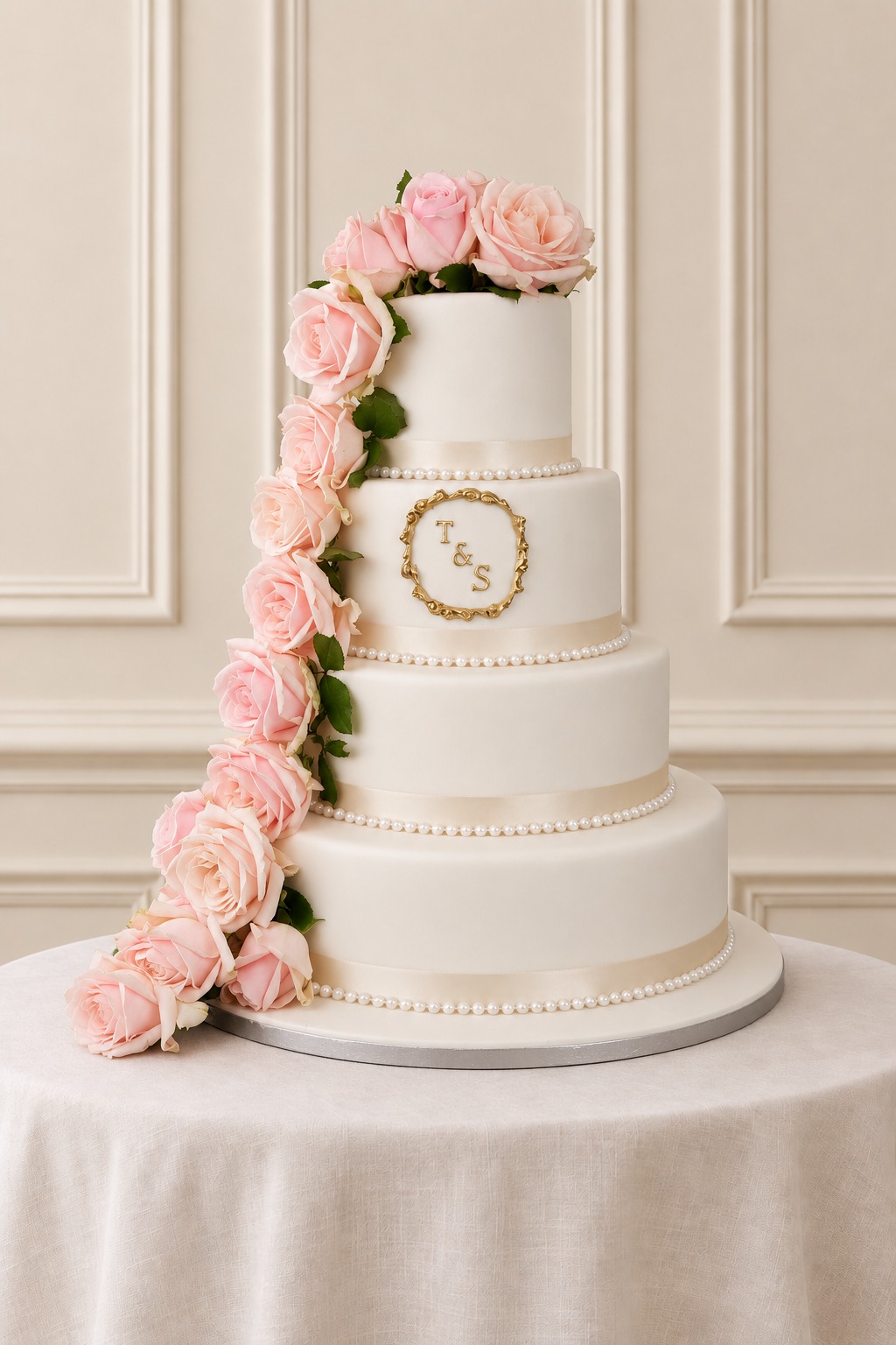 A real Nelly's Cakes traditional wedding cake, design Traditional 037, on the atelier's studio backdrop
