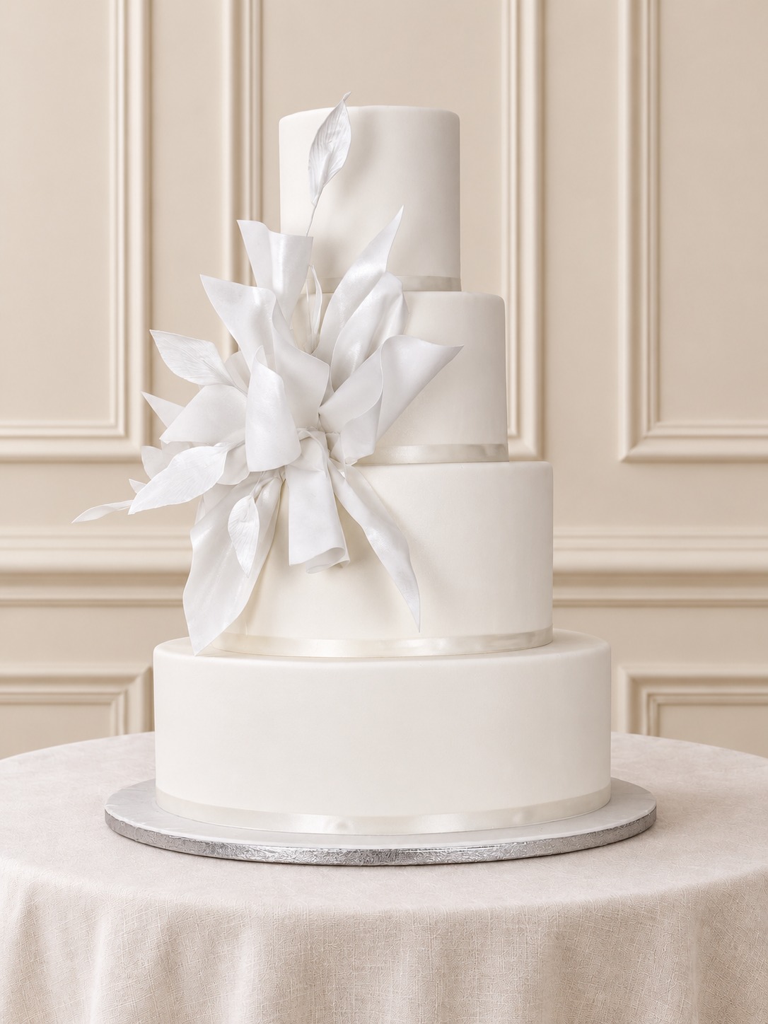 A real Nelly's Cakes traditional wedding cake, design Traditional 038, on the atelier's studio backdrop