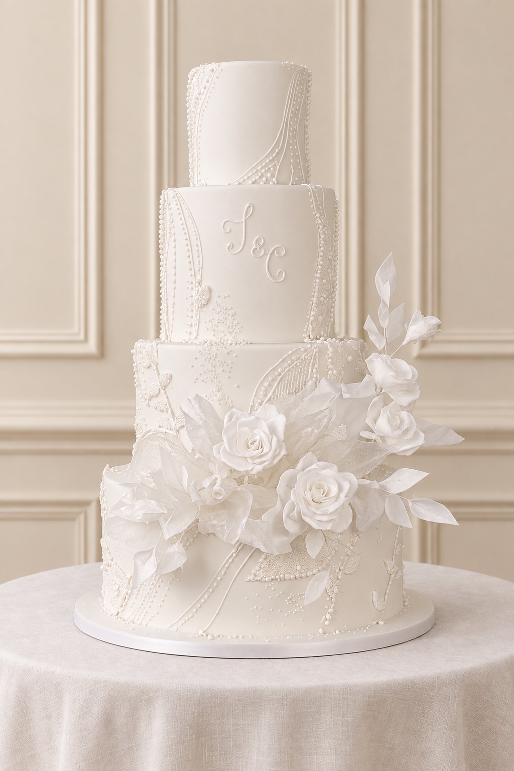 A real Nelly's Cakes traditional wedding cake, design Traditional 039, on the atelier's studio backdrop