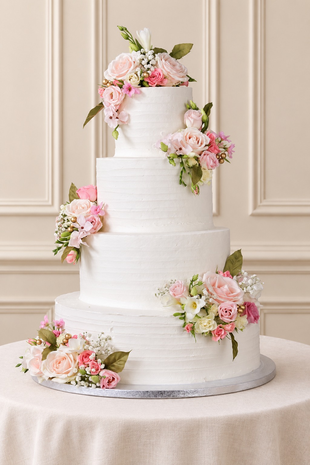 A real Nelly's Cakes traditional wedding cake, design Traditional 040, on the atelier's studio backdrop