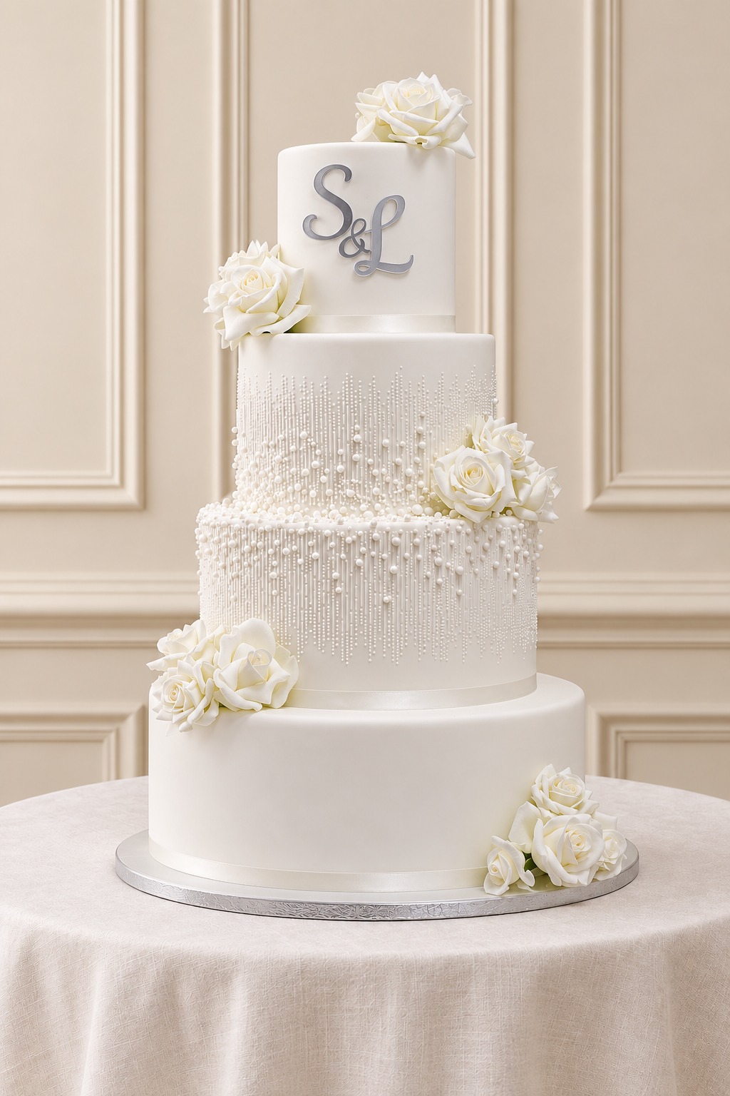 A real Nelly's Cakes traditional wedding cake, design Traditional 041, on the atelier's studio backdrop