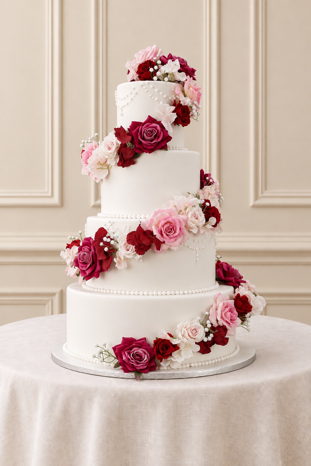 A real Nelly's Cakes traditional wedding cake, design Traditional 042, on the atelier's studio backdrop