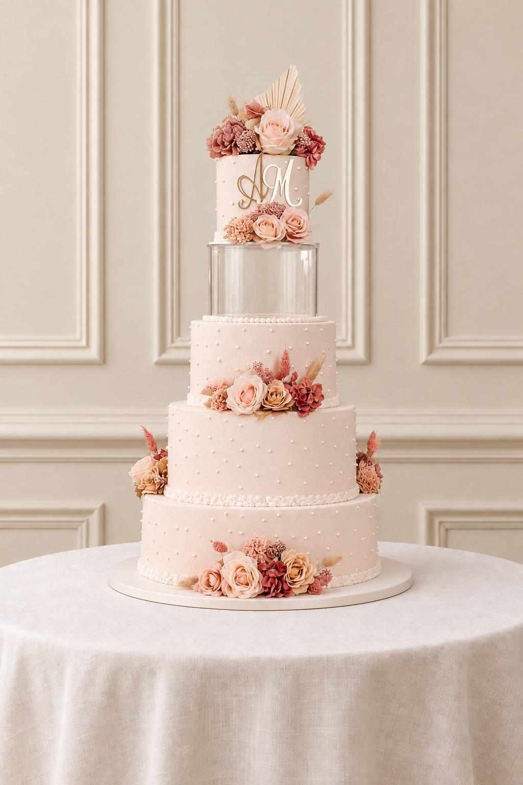 A real Nelly's Cakes traditional wedding cake, design Traditional 043, on the atelier's studio backdrop