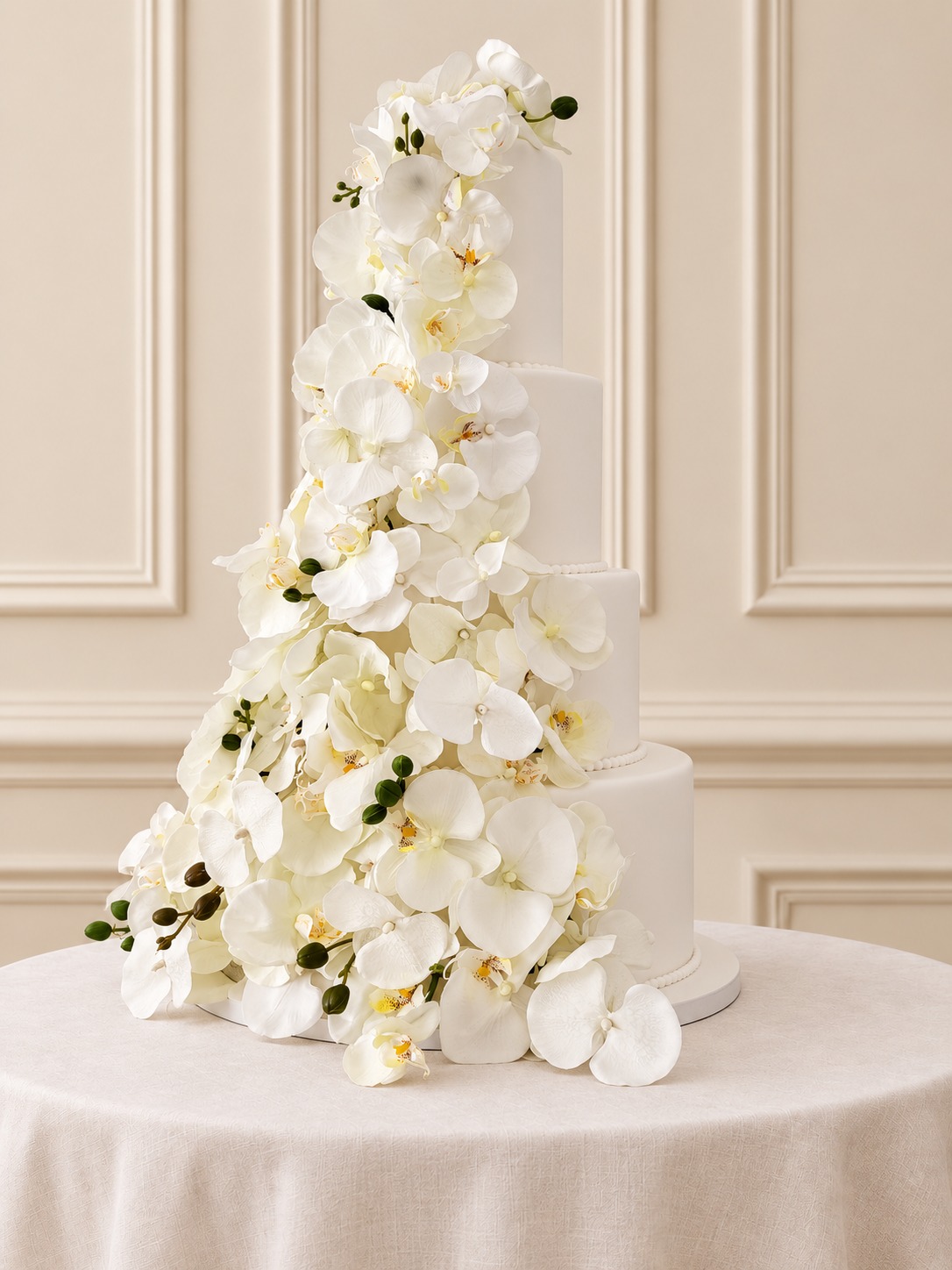 A real Nelly's Cakes traditional wedding cake, design Traditional 044, on the atelier's studio backdrop