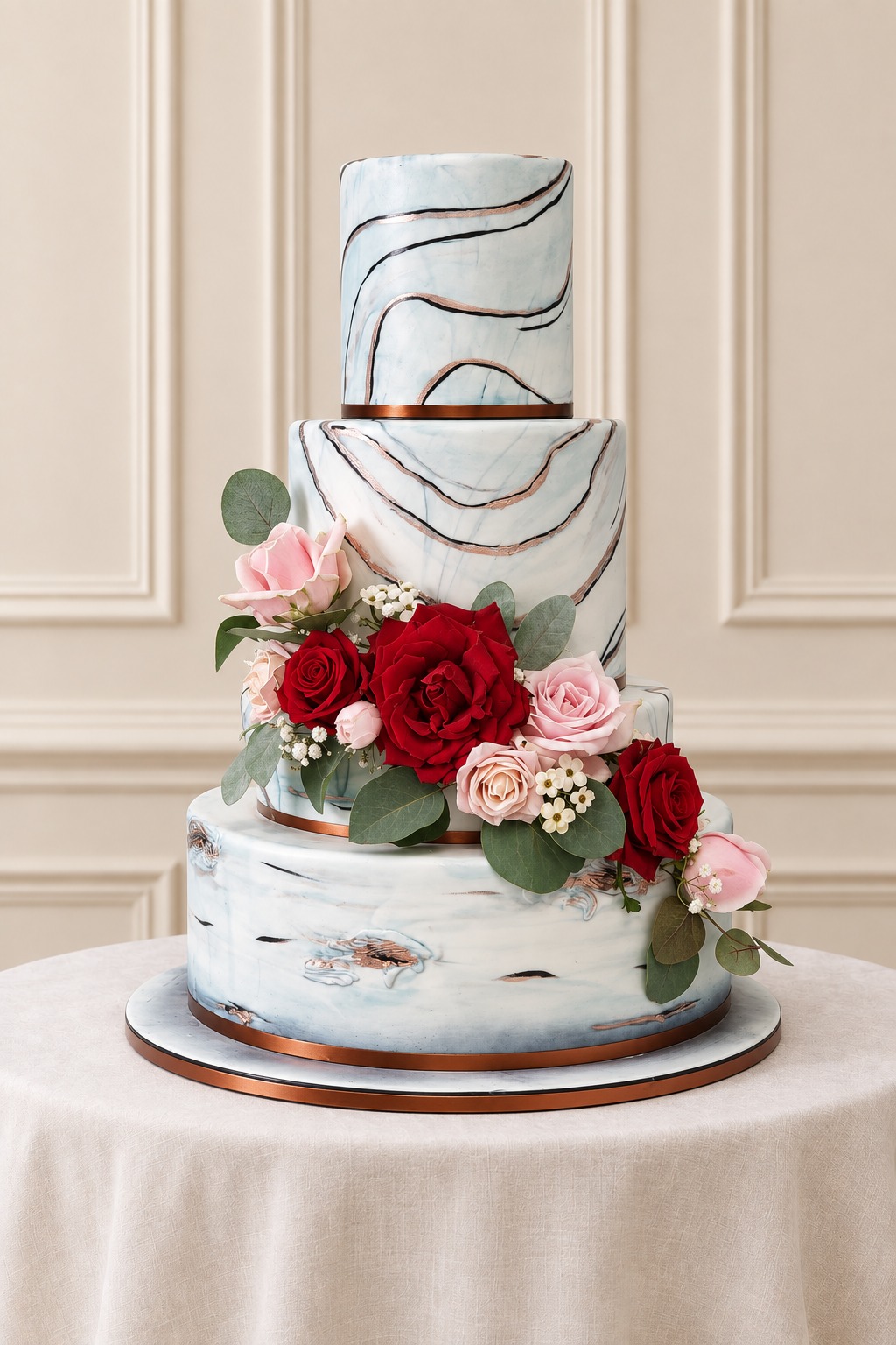 A real Nelly's Cakes traditional wedding cake, design Traditional 045, on the atelier's studio backdrop