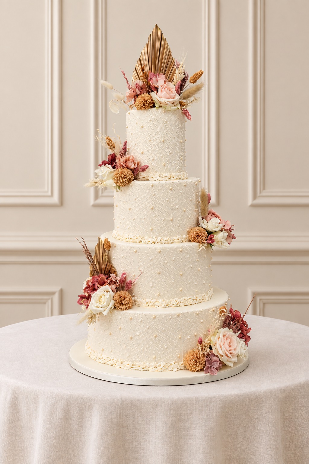 A real Nelly's Cakes traditional wedding cake, design Traditional 046, on the atelier's studio backdrop