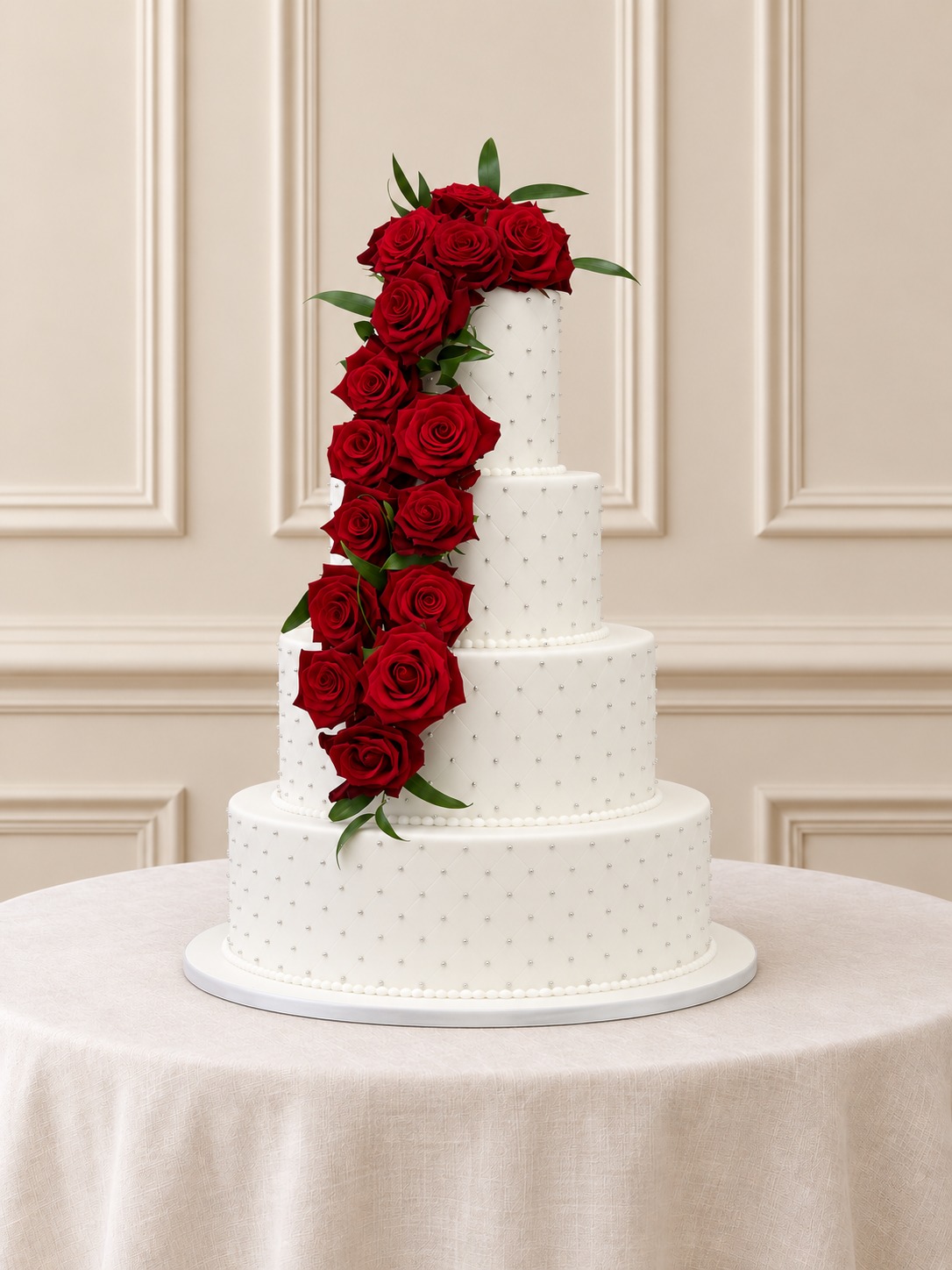 A real Nelly's Cakes traditional wedding cake, design Traditional 047, on the atelier's studio backdrop