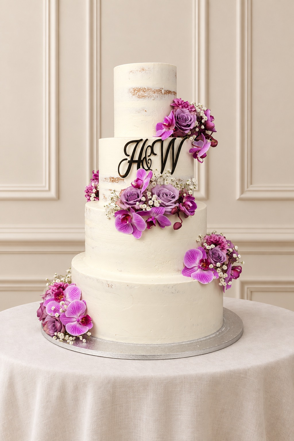 A real Nelly's Cakes traditional wedding cake, design Traditional 048, on the atelier's studio backdrop