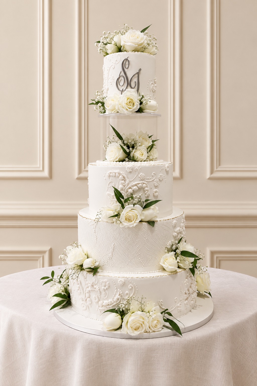 A real Nelly's Cakes traditional wedding cake, design Traditional 049, on the atelier's studio backdrop