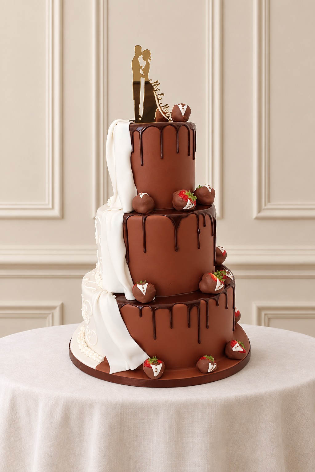 A real Nelly's Cakes traditional wedding cake, design Traditional 050, on the atelier's studio backdrop