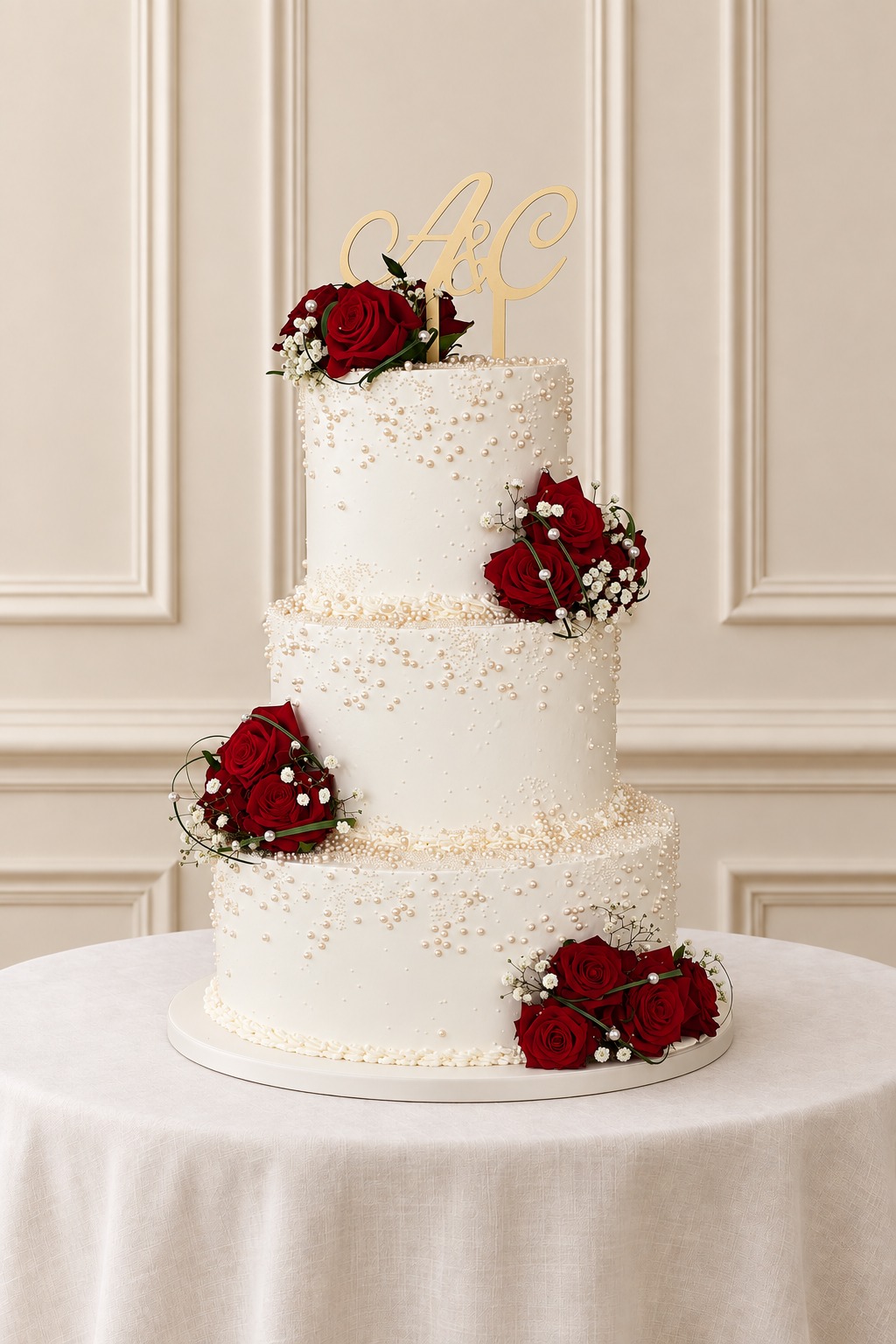 A real Nelly's Cakes traditional wedding cake, design Traditional 051, on the atelier's studio backdrop