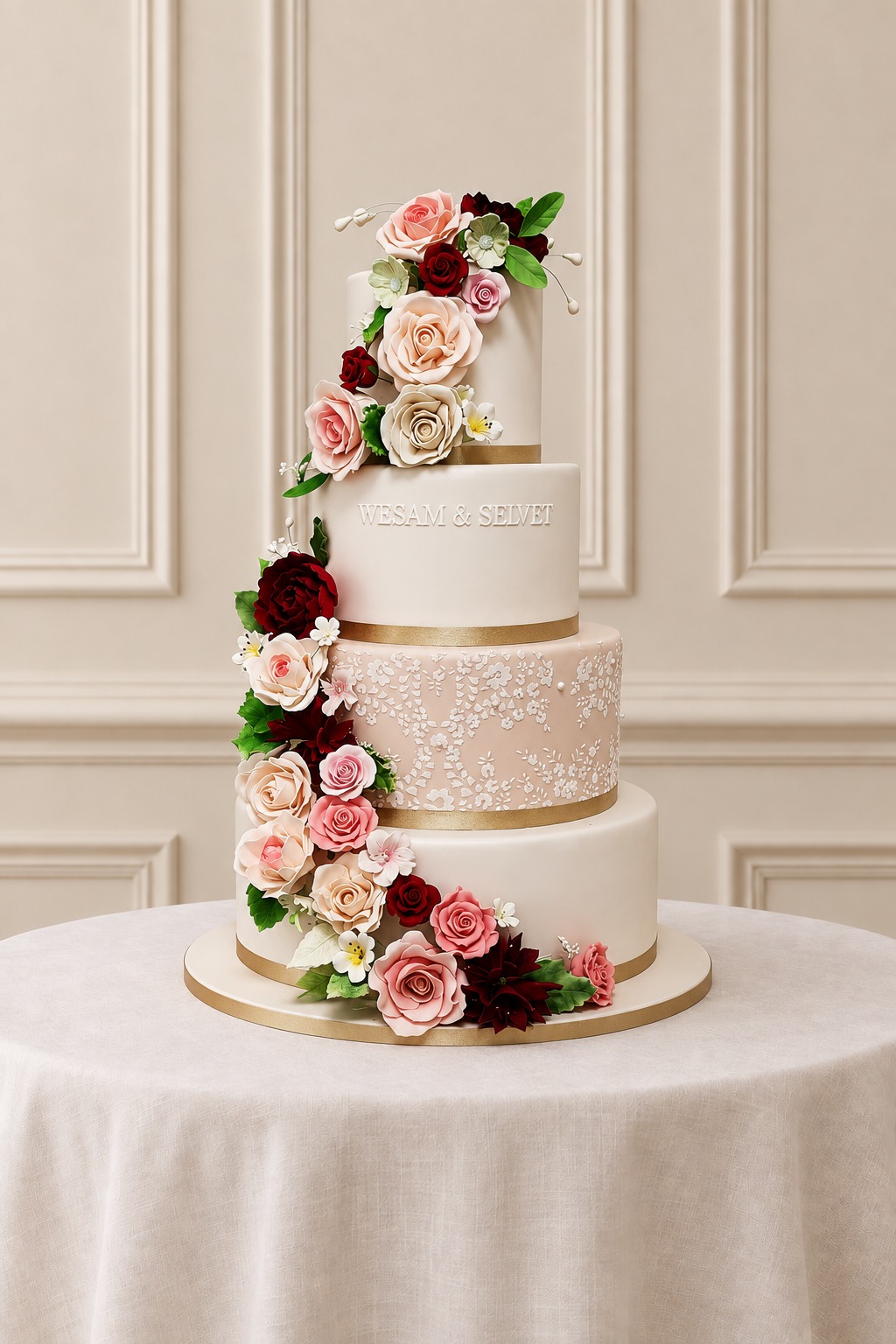 A real Nelly's Cakes traditional wedding cake, design Traditional 052, on the atelier's studio backdrop
